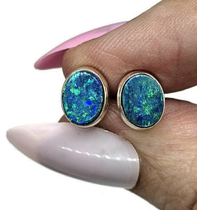 Australian Opal Studs, October Birthstone, Sterling Silver, Blue Green Opal Doublets