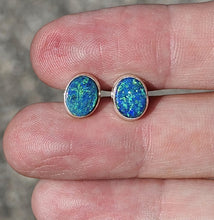 Load image into Gallery viewer, Australian Opal Studs, October Birthstone, Sterling Silver, Blue Green Opal Doublets