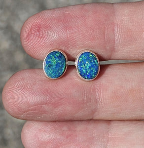 Australian Opal Studs, October Birthstone, Sterling Silver, Blue Green Opal Doublets