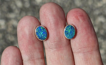 Load image into Gallery viewer, Australian Opal Studs, October Birthstone, Sterling Silver, Blue Green Opal Doublets