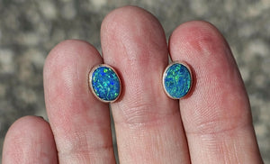 Australian Opal Studs, October Birthstone, Sterling Silver, Blue Green Opal Doublets