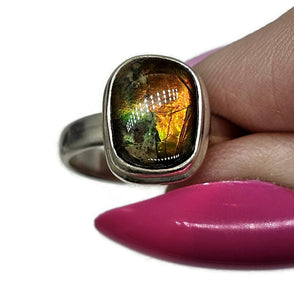 Ammolite Ring, Size R1/2, Sterling Silver, Rectangle Shaped, Opal like Organic Gemstone