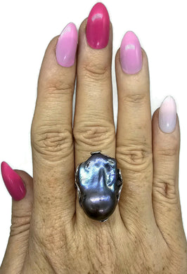 Black Jumbo Baroque Pearl Ring, Flameball Pearl, Fireball Pearl, Peacock Pearl, Freshwater