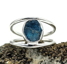 Load image into Gallery viewer, Neon Blue Apatite Ring, Size R 1/2, Sterling Silver, Raw Gemstone, Rough Blue Apatite