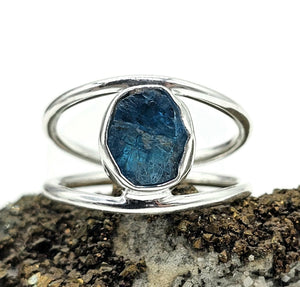 Neon Blue Apatite Ring, Size R 1/2, Sterling Silver, Raw Gemstone, Rough Blue Apatite