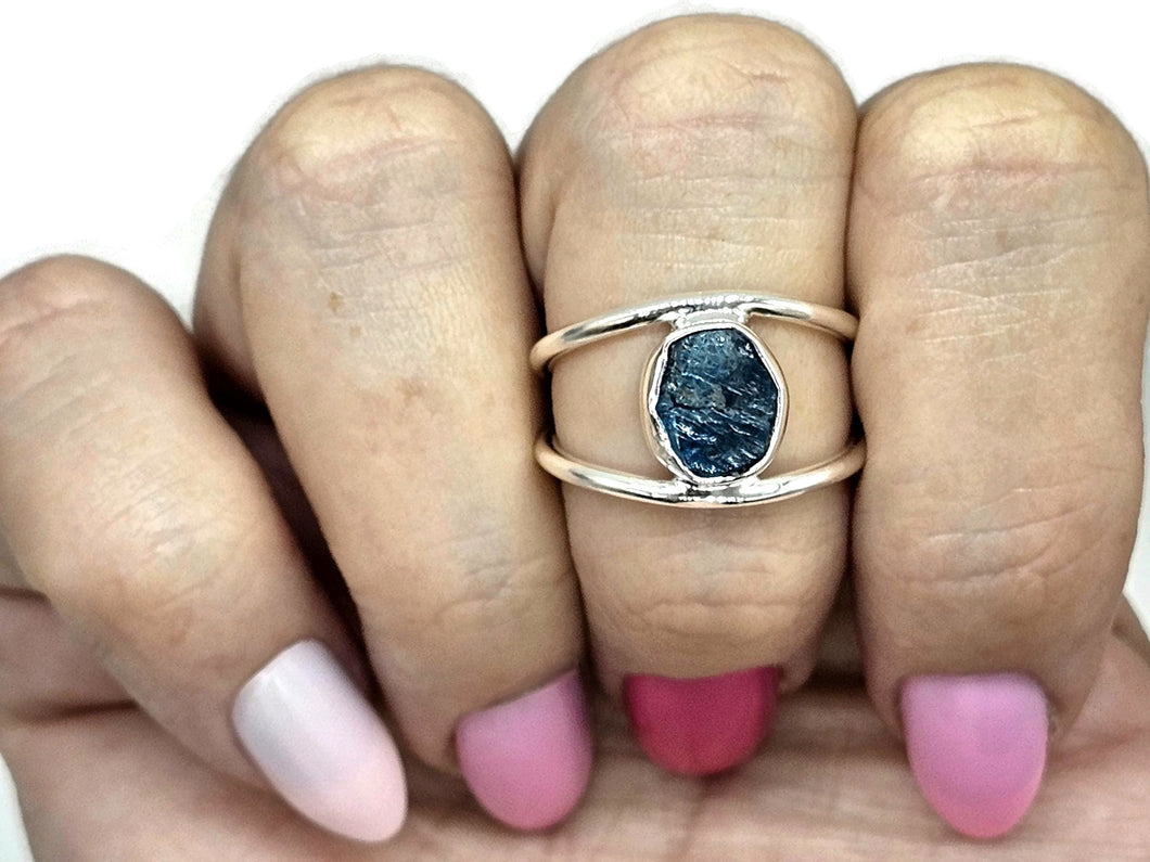 Neon Blue Apatite Ring, Size R 1/2, Sterling Silver, Raw Gemstone, Rough Blue Apatite