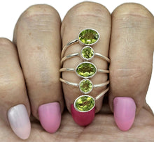 Load image into Gallery viewer, Five Stone Peridot Ring, Size 8.5, Sterling Silver, August Birthstone, Statement Piece