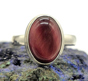 Natural Pink Cats Eye Ring, Size Q, Sterling Silver, Oval Shaped, Intuition Stone