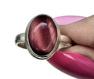 Natural Pink Cats Eye Ring, Size Q, Sterling Silver, Oval Shaped, Intuition Stone