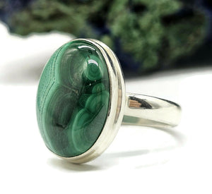 Oval Malachite Ring, Size P 1/2, Sterling Silver, Rich Green Gemstone, Bezel Set