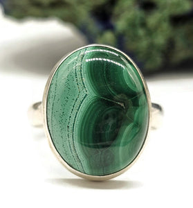 Oval Malachite Ring, Size P 1/2, Sterling Silver, Rich Green Gemstone, Bezel Set