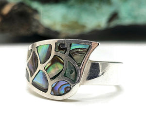 Paua Shell Ring, 925 Sterling Silver, Green & Blue Shell, Size P, Abalone Ring