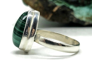 Pear Malachite Ring, Size R, Sterling Silver, Rich Green Gemstone, Bezel Set