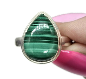 Pear Malachite Ring, Size R, Sterling Silver, Rich Green Gemstone, Bezel Set