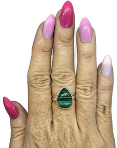 Pear Malachite Ring, Size R, Sterling Silver, Rich Green Gemstone, Bezel Set