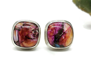 Oyster Turquoise & Pink Opal Studs, Square Shaped, Sterling Silver