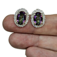 Load image into Gallery viewer, Mystic Topaz Halo Studs, Oval Faceted, Sterling Silver, Purple / Green Gemstone