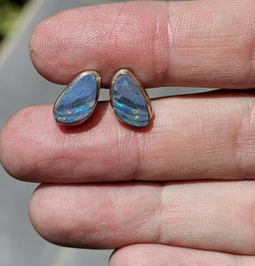 Australian Opal Studs, Sterling Silver, Blue & Green Opal, Doublets, Lucky Gemstone