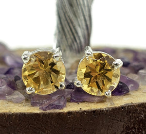 Citrine Studs, November Birthstone, Round Brilliant, Sterling Silver, 3.2 Carats