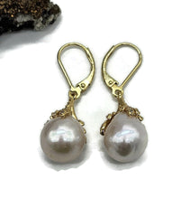 Load image into Gallery viewer, Pearl Earrings, Gold Plated Sterling Silver, Art Nouveau Design, June Birthstone, Natural