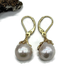 Pearl Earrings, Gold Plated Sterling Silver, Art Nouveau Design, June Birthstone, Natural