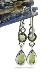 Peridot Earrings, Double Drops, August Birthstone, Sterling Silver, Round & Pear Faceted