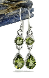 Peridot Earrings, Double Drops, August Birthstone, Sterling Silver, Round & Pear Faceted