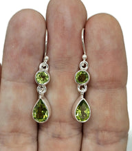 Load image into Gallery viewer, Peridot Earrings, Double Drops, August Birthstone, Sterling Silver, Round &amp; Pear Faceted