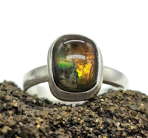 Ammolite Ring, Size R1/2, Sterling Silver, Rectangle Shaped, Opal like Organic Gemstone