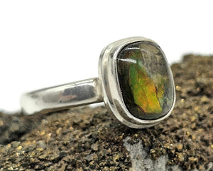 Ammolite Ring, Size R1/2, Sterling Silver, Rectangle Shaped, Opal like Organic Gemstone