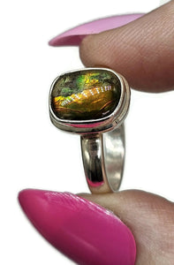 Ammolite Ring, Size R1/2, Sterling Silver, Rectangle Shaped, Opal like Organic Gemstone