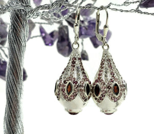 Pink Tourmaline, Garnet & White Zircon Earrings, Genie Bottle Earrings, Faberge Egg Style