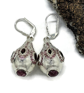 Pink Tourmaline, Garnet & White Zircon Earrings, Genie Bottle Earrings, Faberge Egg Style