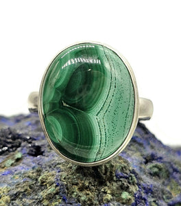 Oval Malachite Ring, Size P 1/2, Sterling Silver, Rich Green Gemstone, Bezel Set