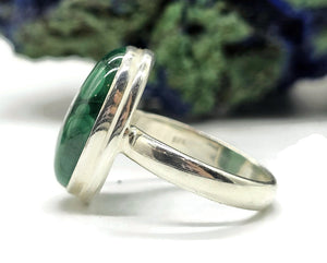 Oval Malachite Ring, Size P 1/2, Sterling Silver, Rich Green Gemstone, Bezel Set