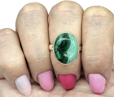 Oval Malachite Ring, Size P 1/2, Sterling Silver, Rich Green Gemstone, Bezel Set