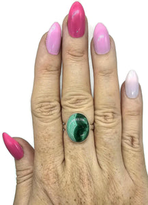 Oval Malachite Ring, Size P 1/2, Sterling Silver, Rich Green Gemstone, Bezel Set