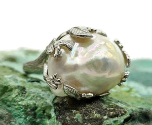 Baroque Pearl Ring, Sterling Silver, Adjustable, Giant Flameball Fireball Pearl, June Birth