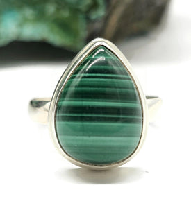 Pear Malachite Ring, Size R, Sterling Silver, Rich Green Gemstone, Bezel Set