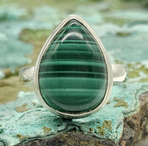 Pear Malachite Ring, Size R, Sterling Silver, Rich Green Gemstone, Bezel Set