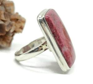 Rectangle Thulite Ring, size Q, Sterling Silver, Vibrant Pink Gemstone, Pink Zoisite