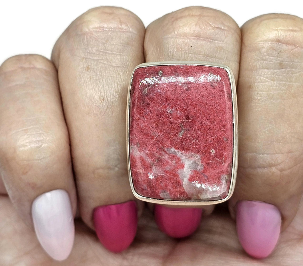 Rectangle Thulite Ring, size Q, Sterling Silver, Vibrant Pink Gemstone, Pink Zoisite