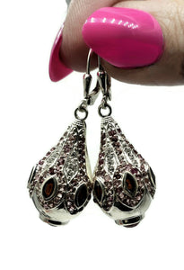 Pink Tourmaline, Garnet & White Zircon Earrings, Genie Bottle Earrings, Faberge Egg Style