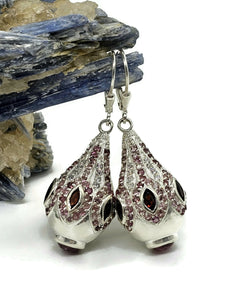 Pink Tourmaline, Garnet & White Zircon Earrings, Genie Bottle Earrings, Faberge Egg Style