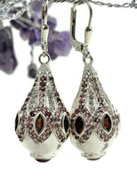 Load image into Gallery viewer, Pink Tourmaline, Garnet &amp; White Zircon Earrings, Genie Bottle Earrings, Faberge Egg Style