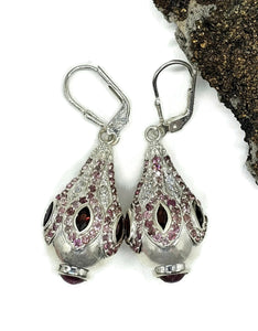 Pink Tourmaline, Garnet & White Zircon Earrings, Genie Bottle Earrings, Faberge Egg Style