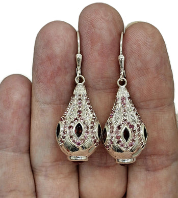 Pink Tourmaline, Garnet & White Zircon Earrings, Genie Bottle Earrings, Faberge Egg Style