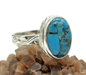 Blue Turquoise Ring, Size Q, Sterling Silver, Oval Shape, Copper Turquoise, Protection