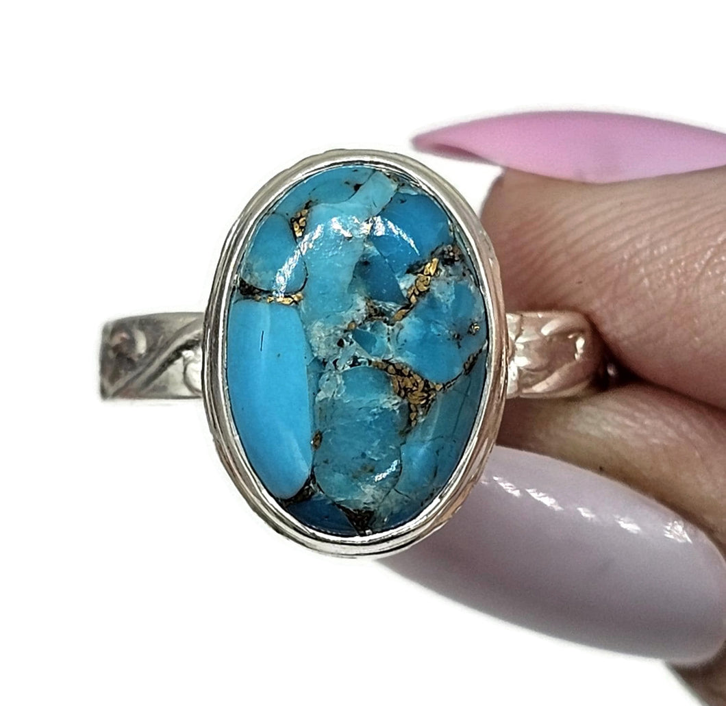 Blue Turquoise Ring, Size Q, Sterling Silver, Oval Shape, Copper Turquoise, Protection