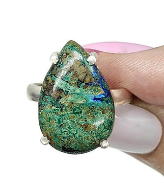 Azurite Malachite Ring, Size S, Sterling Silver, Pear Shaped, Green Blue Gem